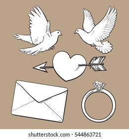 Wedding, engagement icon set with doves, arrow pierced heart, ring and love letter, sketch style vector illustration isolated on brown background. Wedding attributes - doves, ring, heart, kiss