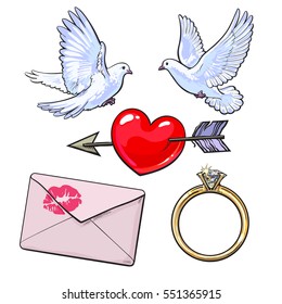 Wedding, engagement icon set with doves, arrow pierced heart, golden ring and love letter, sketch style vector illustration isolated on white background. Wedding attributes - doves, ring, heart, kiss