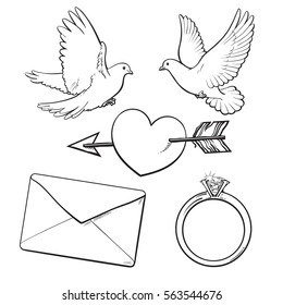 Wedding, engagement icon set with doves, arrow pierced heart, ring and love letter, sketch style vector illustration isolated on white background. 