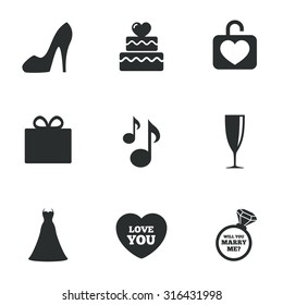 Wedding, engagement icons. Cake with heart, gift box and brilliant signs. Dress, shoes and musical notes symbols. Flat icons on white. Vector