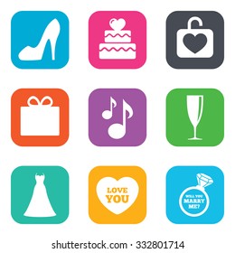 Wedding, engagement icons. Cake with heart, gift box and brilliant signs. Dress, shoes and musical notes symbols. Flat square buttons. Vector