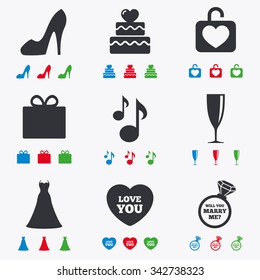 Wedding, engagement icons. Cake with heart, gift box and brilliant signs. Dress, shoes and musical notes symbols. Flat black, red, blue and green icons.