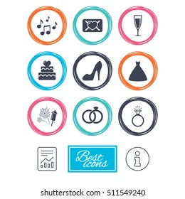 Wedding, engagement icons. Cake with heart, gift box and vow love letter signs. Dress, fireworks and musical notes symbols. Report document, information icons. Vector