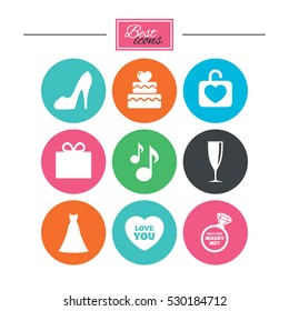 Wedding, engagement icons. Cake with heart, gift box and brilliant signs. Dress, shoes and musical notes symbols. Colorful flat buttons with icons. Vector