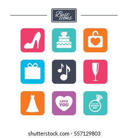 Wedding, engagement icons. Cake with heart, gift box and brilliant signs. Dress, shoes and musical notes symbols. Colorful flat square buttons with icons. Vector
