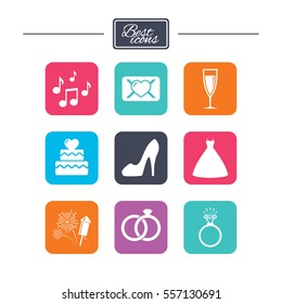 Wedding, engagement icons. Cake with heart, gift box and vow love letter signs. Dress, fireworks and musical notes symbols. Colorful flat square buttons with icons. Vector