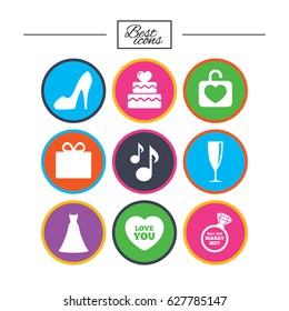 Wedding, engagement icons. Cake with heart, gift box and brilliant signs. Dress, shoes and musical notes symbols. Classic simple flat icons. Vector