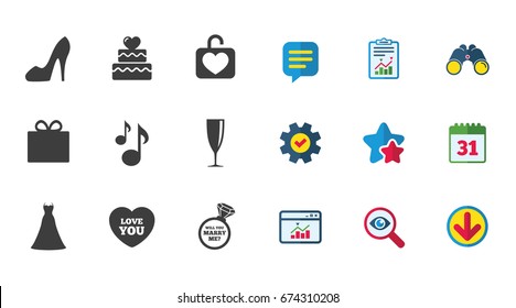 Wedding, engagement icons. Cake with heart, gift box and brilliant signs. Dress, shoes and musical notes symbols. Calendar, Report and Download signs. Stars, Service and Search icons. Vector
