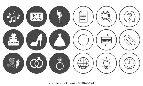 Wedding, engagement icons. Cake with heart, gift box and vow love letter signs. Dress, fireworks and musical notes symbols. Document, Globe and Clock line signs. Lamp, Magnifier and Paper clip icons
