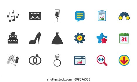 Wedding, engagement icons. Cake with heart, gift box and vow love letter signs. Dress, fireworks and musical notes symbols. Calendar, Report and Download signs. Stars, Service and Search icons