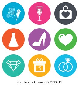 Wedding, engagement icons. Locker with heart, gift box and fireworks signs. Dress, heart and champagne glass symbols. Flat circle buttons. Vector