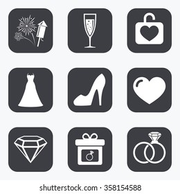 Wedding, engagement icons. Locker with heart, gift box and fireworks signs. Dress, heart and champagne glass symbols. Flat square buttons with rounded corners.