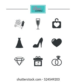 Wedding, engagement icons. Locker with heart, gift box and fireworks signs. Dress, heart and champagne glass symbols. Black flat icons. Classic design. Vector