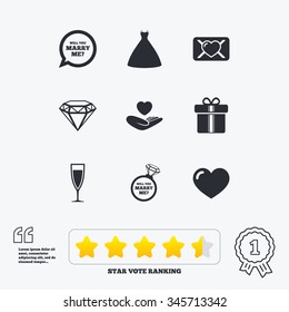 Wedding, engagement icons. Love oath letter, gift box and brilliant signs. Dress, heart and champagne glass symbols. Star vote ranking. Award achievement and quotes.