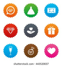 Wedding, engagement icons. Love oath letter, gift box and brilliant signs. Dress, heart and champagne glass symbols. Stars label button with flat icons. Vector