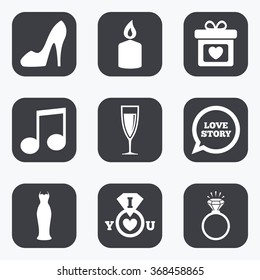 Wedding, engagement icons. Ring with diamond, gift box and music signs. Dress, shoes and champagne glass symbols. Flat square buttons with rounded corners.
