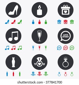 Wedding, engagement icons. Ring with diamond, gift box and music signs. Dress, shoes and champagne glass symbols. Flat circle buttons with icons.