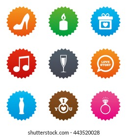 Wedding, engagement icons. Ring with diamond, gift box and music signs. Dress, shoes and champagne glass symbols. Stars label button with flat icons. Vector