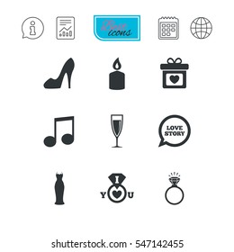 Wedding, engagement icons. Ring with diamond, gift box and music signs. Dress, shoes and champagne glass symbols. Report document, calendar and information web icons. Vector