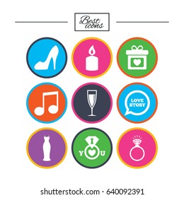 Wedding, engagement icons. Ring with diamond, gift box and music signs. Dress, shoes and champagne glass symbols. Classic simple flat icons. Vector