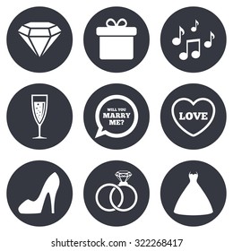 Wedding, engagement icons. Rings, gift box and brilliant signs. Dress, shoes and musical notes symbols. Gray flat circle buttons. Vector