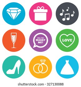 Wedding, engagement icons. Rings, gift box and brilliant signs. Dress, shoes and musical notes symbols. Flat circle buttons. Vector