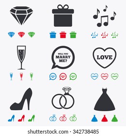 Wedding, engagement icons. Rings, gift box and brilliant signs. Dress, shoes and musical notes symbols. Flat black, red, blue and green icons.