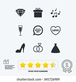 Wedding, engagement icons. Rings, gift box and brilliant signs. Dress, shoes and musical notes symbols. Star vote ranking. Award achievement and quotes.