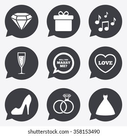 Wedding, engagement icons. Rings, gift box and brilliant signs. Dress, shoes and musical notes symbols. Flat icons in speech bubble pointers.