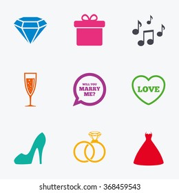 Wedding, engagement icons. Rings, gift box and brilliant signs. Dress, shoes and musical notes symbols. Flat colored graphic icons.