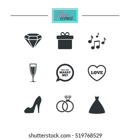 Wedding, engagement icons. Rings, gift box and brilliant signs. Dress, shoes and musical notes symbols. Black flat icons. Classic design. Vector