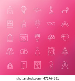 Wedding Engagement Line Icons. Vector Set of Outline Love Heart Items over Blurred Background.