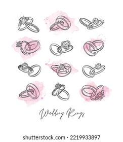 Wedding And Engagement Ring Drawing In Vintage Graphic Style With Pink Blots On White Background