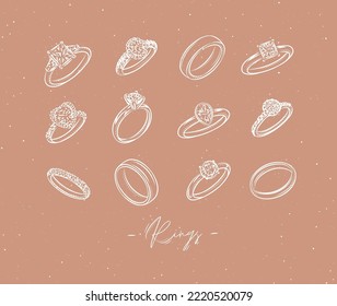 Wedding and engagement ring drawing in vintage graphic style on beige background