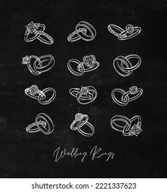 Wedding And Engagement Ring Drawing In Vintage Graphic Style On Chalkboard Background