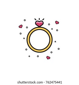 Wedding or engagement ring with heart shaped gem - flat color line icon. Lovely woman jewelry symbol for Valentine's Day celebration.