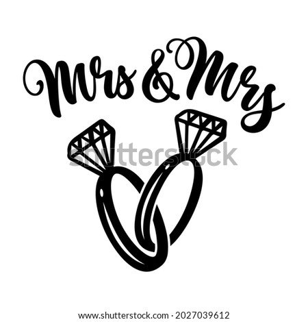 Wedding engagement ring pair with two woman rings - diamond rings for greeting cards, gift tags, labels, wedding sets. bride and bride design. Bachelorette party. Wedding invitation card. Mrs and Mrs