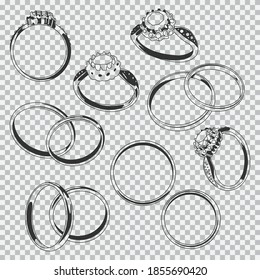Anillos de boda y compromiso con diamantes, iconos negros vectoriales aislados en un fondo transparente.