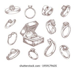 Wedding and engagement rings hand drawn sketches set. Gold and silver proposal rings with luxury diamond, emerald gems in vintage engraved style. Jewelry, accessories, love concept