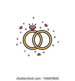 Wedding, engagement rings with heart shaped gemstone - flat color line icon on isolated background. Marriage jewelry symbol in colorful outline design.