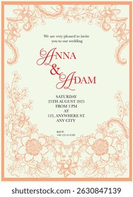 Wedding, engagement, save-the-date invitation with hand-drawn delicate florals arranged like chinoiserie, botanical, lace patterns. Romantic soft flower arrangements suitable for wedding card, poster