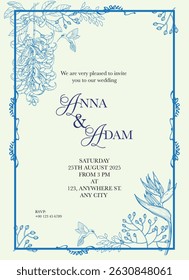 Wedding, engagement, save-the-date invitation with hand-drawn delicate blue florals chinoiserie, botanical, lace patterns. Romantic soft flower arrangements suitable for wedding card, poster