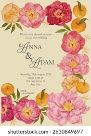 Wedding, engagement, save-the-date invitation with hand-drawn delicate colourful peonies watercolour. Romantic soft flower arrangements suitable for anniversary, wedding card, poster