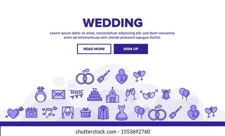 Wedding And Engaging Landing Web Page Header Banner Template Vector. Wedding Traditional Ceremony. Engagement Rings, Festive Cake, Bride Dress, Champagne Bottle Illustration