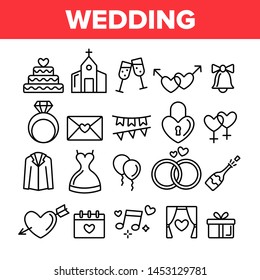 Wedding And Engaging Vector Linear Icons Set. Wedding Traditional Ceremony Outline Symbols Pack. Engagement Rings, Festive Cake, Bride Dress, Champagne Bottle Isolated Contour Illustrations