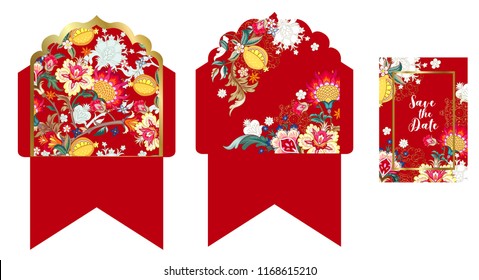 Wedding envelope and card with fantasy flowers