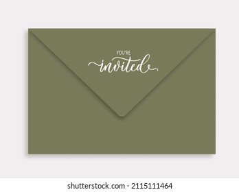 Wedding envelope with lettering You're invited modern calligraphy inscription. Hand lettering for wedding card, invitation, acrylic sign