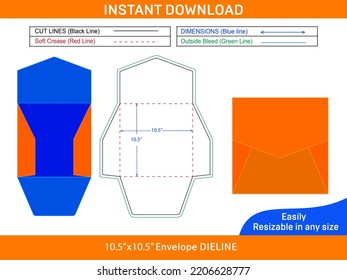 Wedding envelope packaging 10.5x10.5 inch dieline template and 3D envelope design