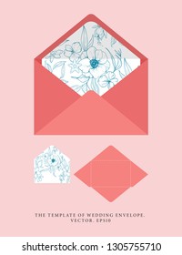 Wedding an envelope with a warm coral shade. Vector template with sketch floral branches, coral, algae in the trend colors of living coral. Nautical art. Ideal for personal printing.