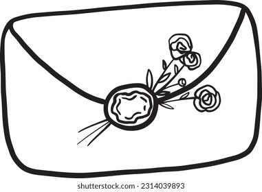 Wedding envelope with a wax stamp and dried roses outline. Hand drawn vector doodle of vintage wedding envelope. Design for a wedding cards, backgrounds, invitations, greeting cards, wedding map
